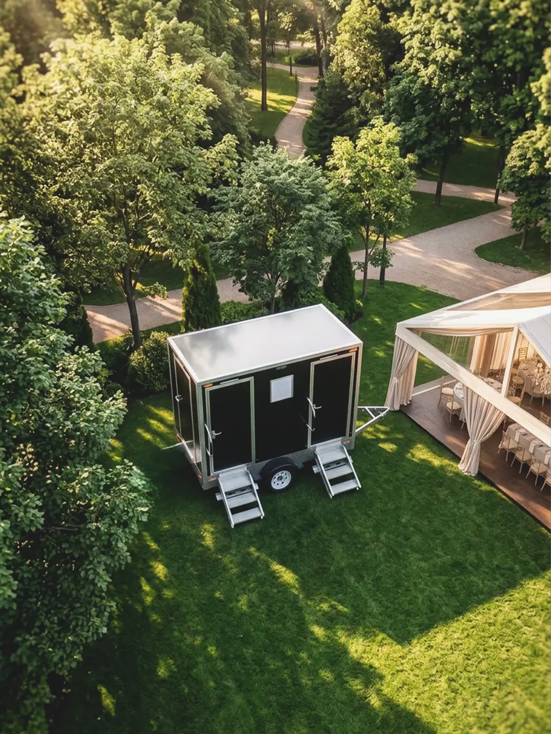 Restroom trailer on a lawn beside an outdoor event area