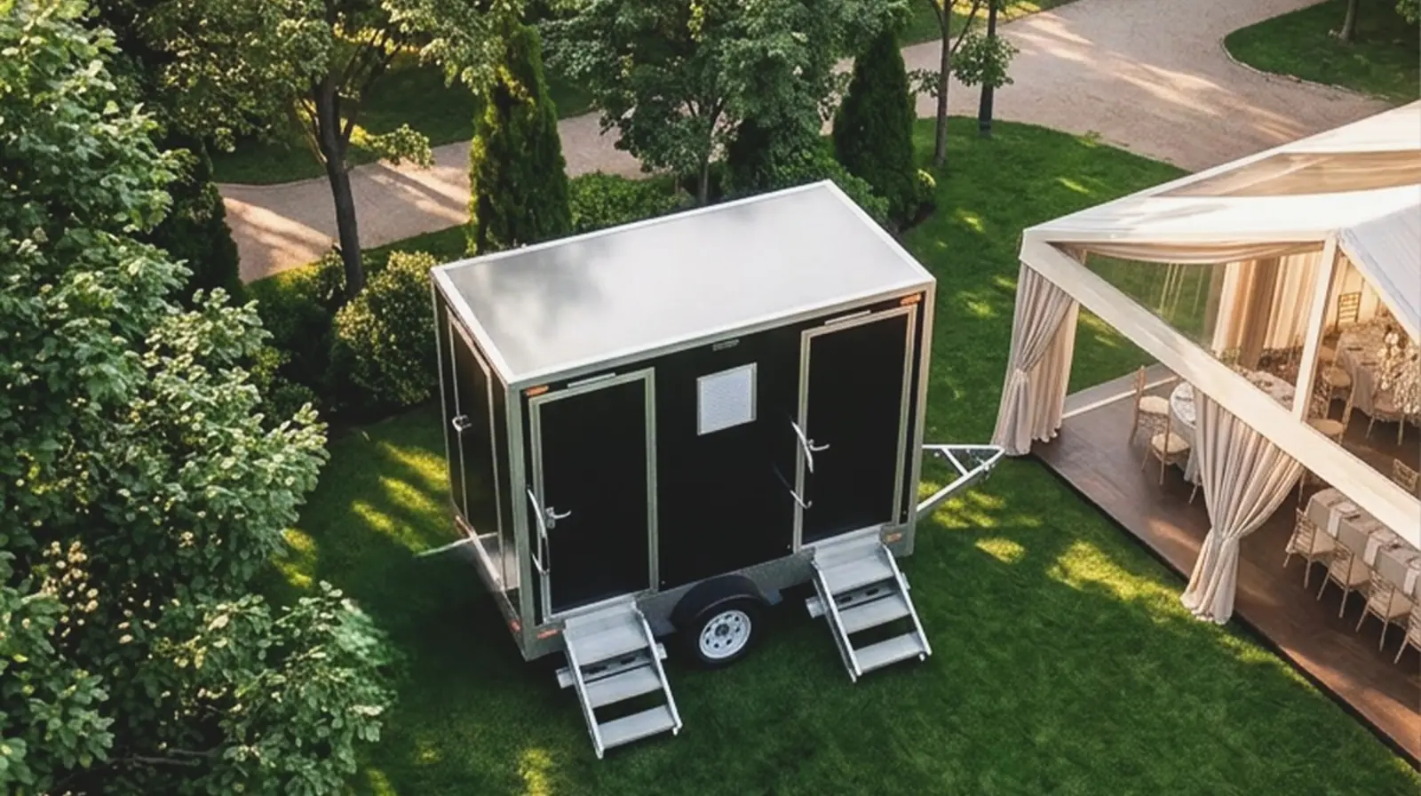 Restroom trailer parked on a green lawn beside an outdoor event area