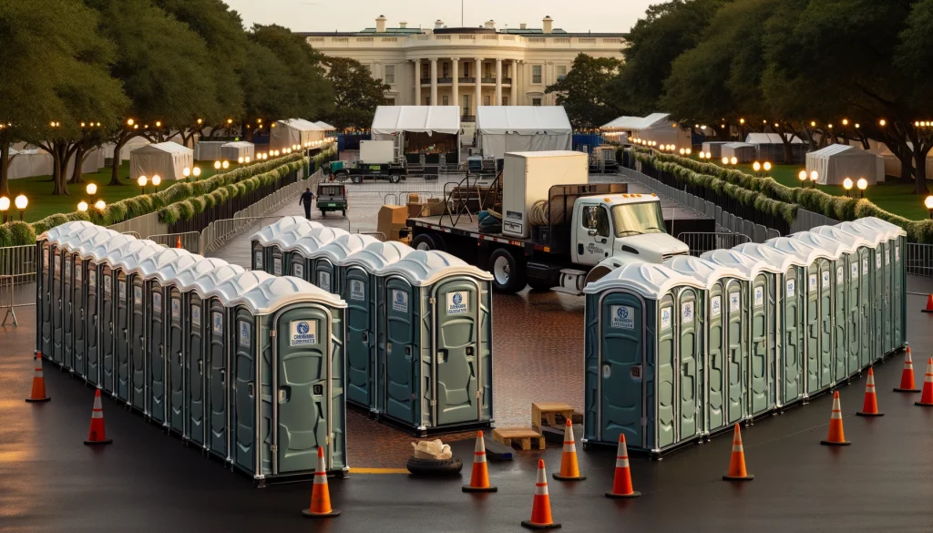 Festival porta potty bank with barricades in Hastings, Nebraska